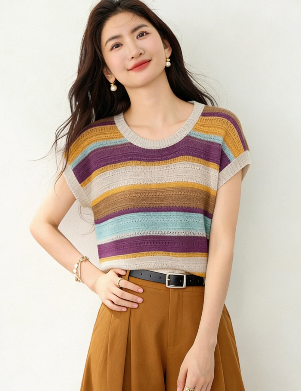 Thin knitted mixed colors tops stripe sleeveless vest