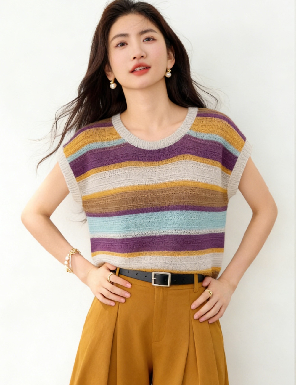 Thin knitted mixed colors tops stripe sleeveless vest
