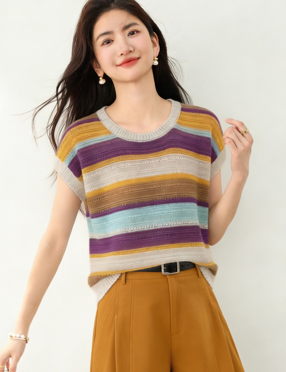 Thin knitted mixed colors tops stripe sleeveless vest