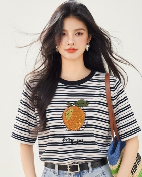 Stripe short sleeve Korean style tops for women