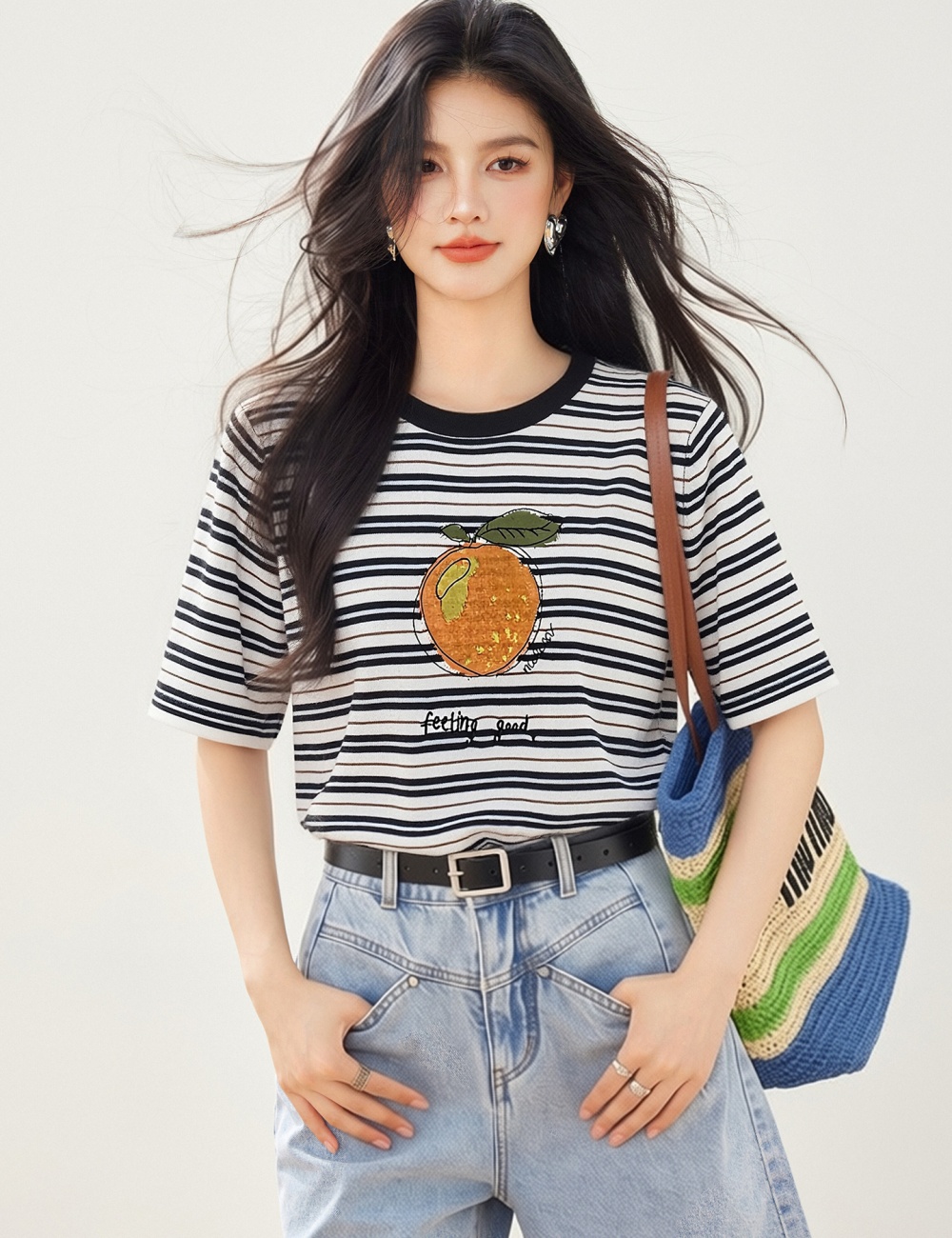 Stripe short sleeve Korean style tops for women