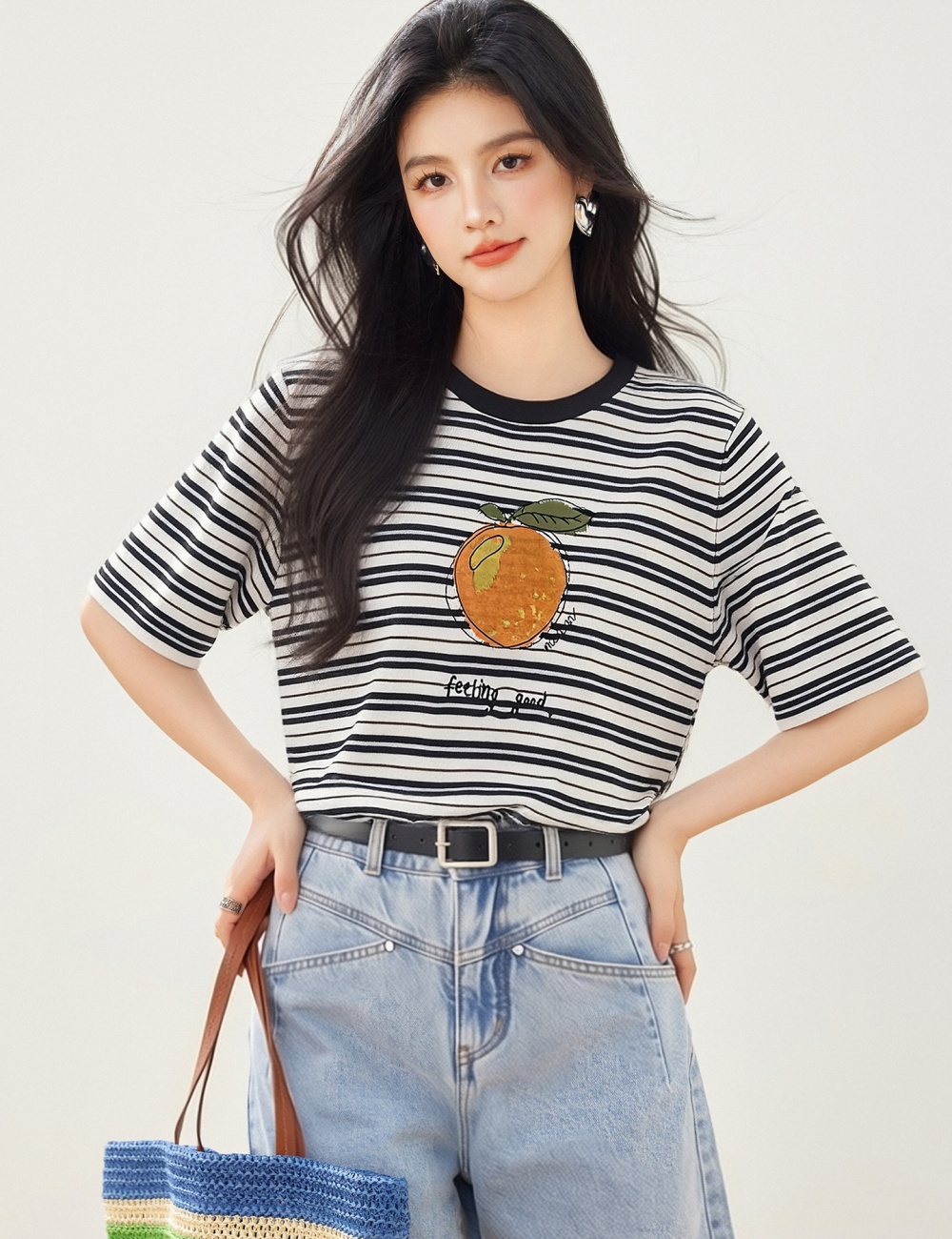 Stripe short sleeve Korean style tops for women
