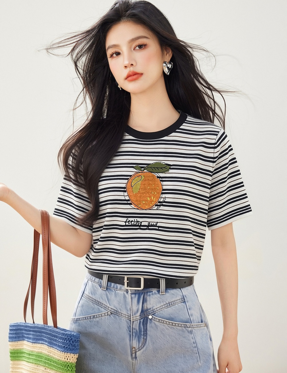 Stripe short sleeve Korean style tops for women