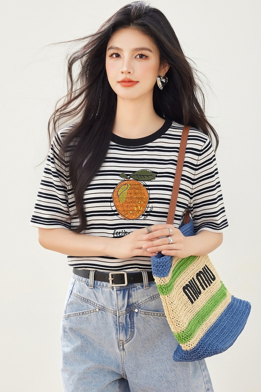 Stripe short sleeve Korean style tops for women