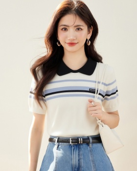 Summer slim short sleeve tops knitted stripe T-shirt