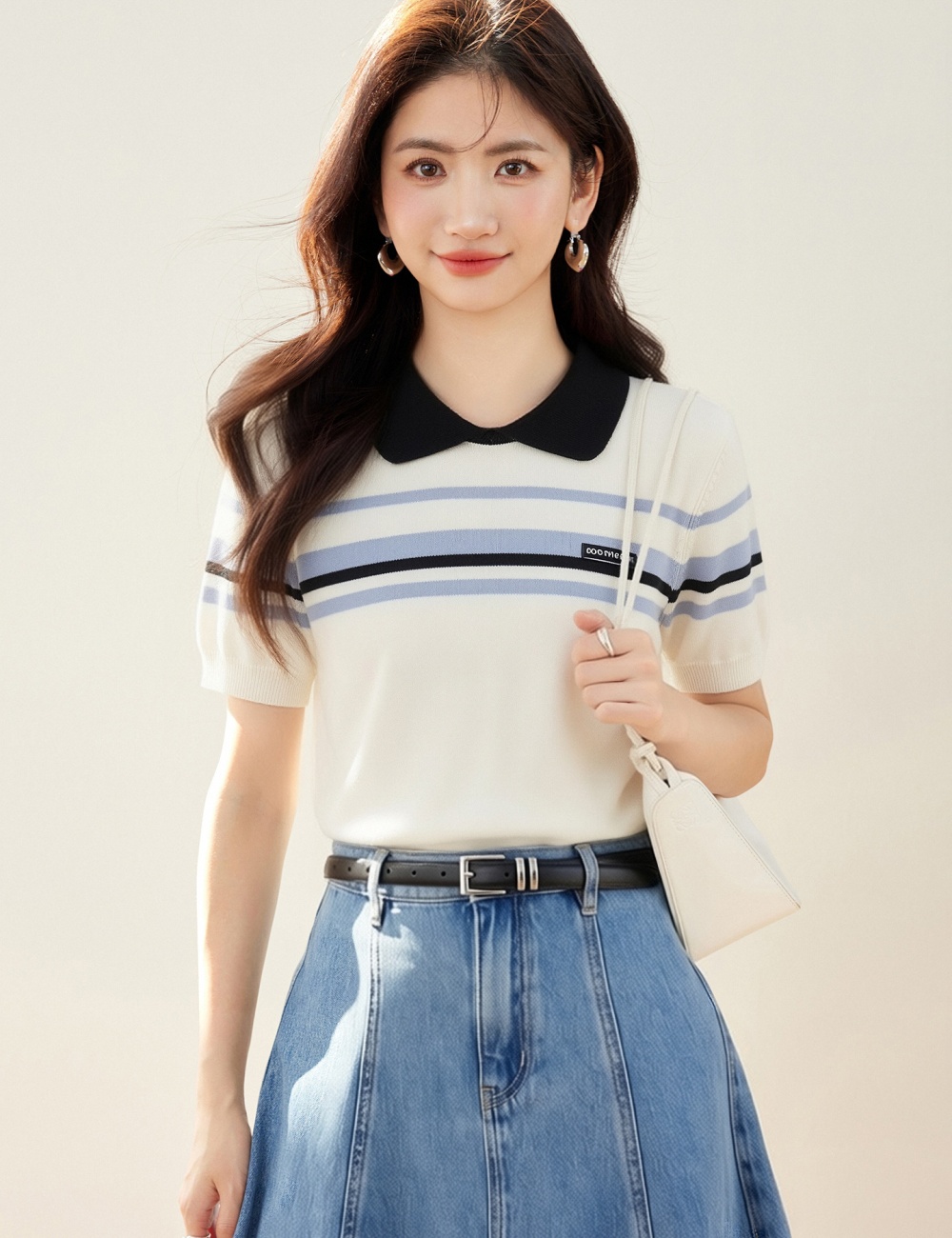Summer slim short sleeve tops knitted stripe T-shirt