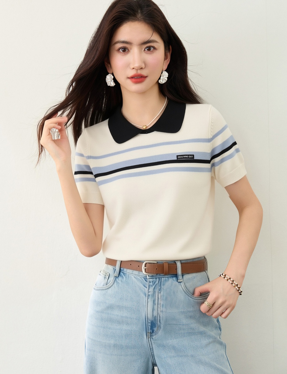 Summer slim short sleeve tops knitted stripe T-shirt