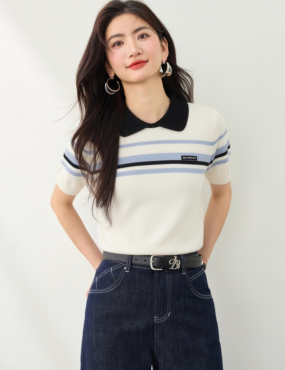 Summer slim short sleeve tops knitted stripe T-shirt