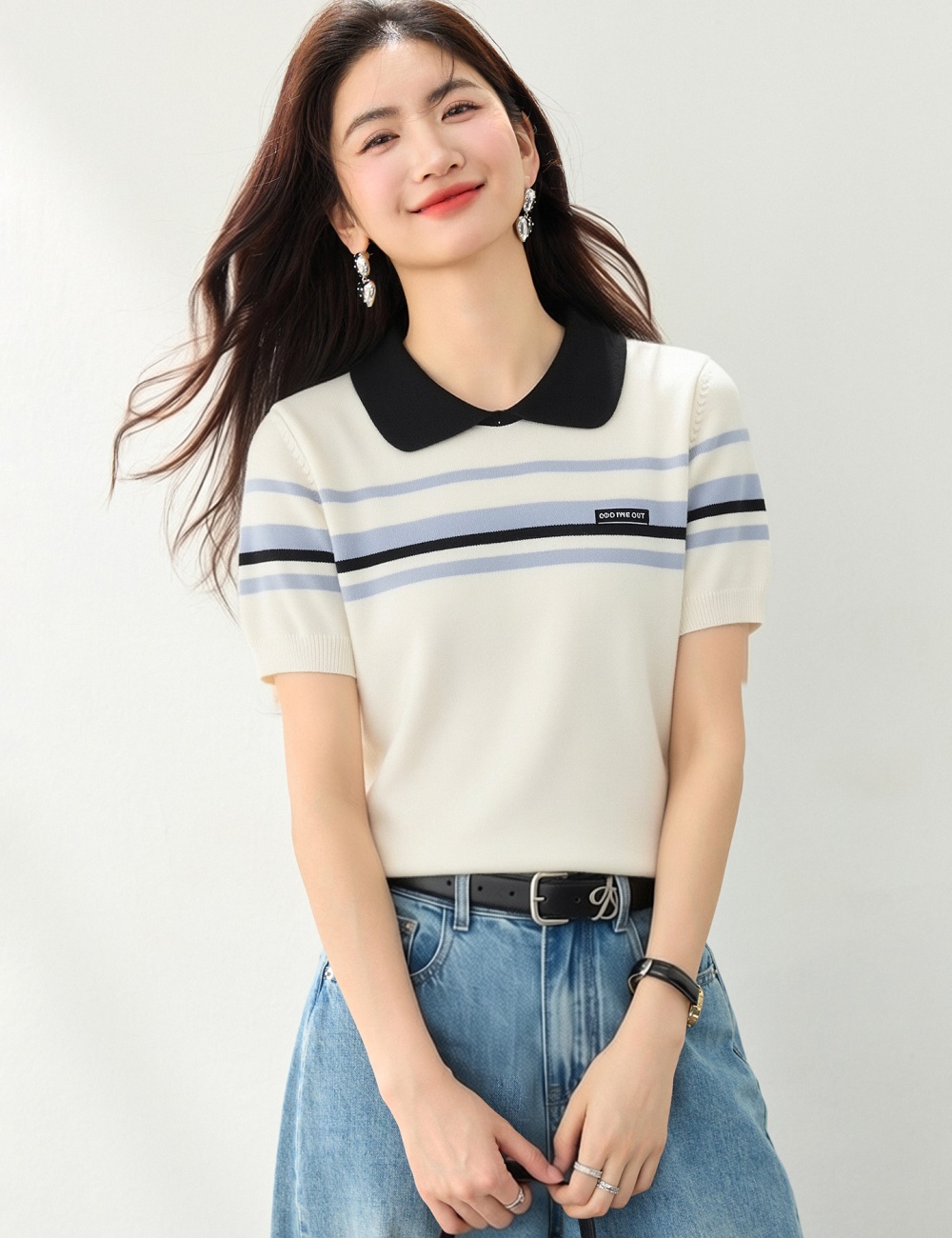 Summer slim short sleeve tops knitted stripe T-shirt