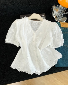 Short sleeve summer tops V-neck pure cotton shirt