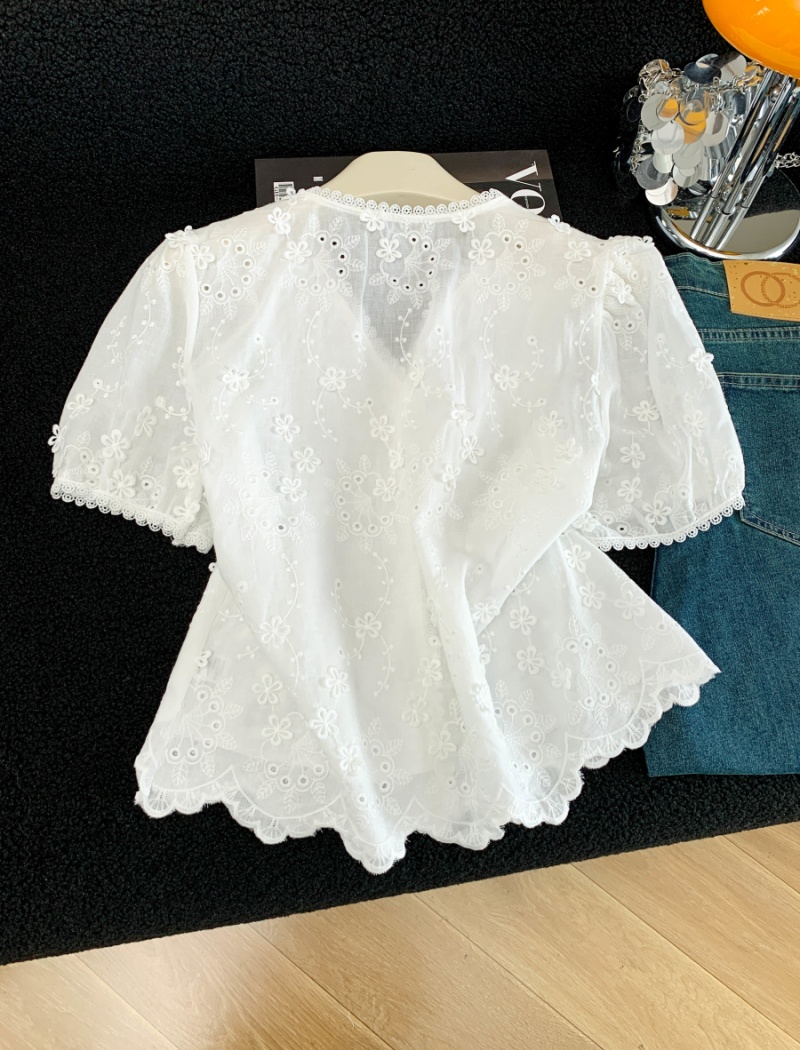 Short sleeve summer tops V-neck pure cotton shirt