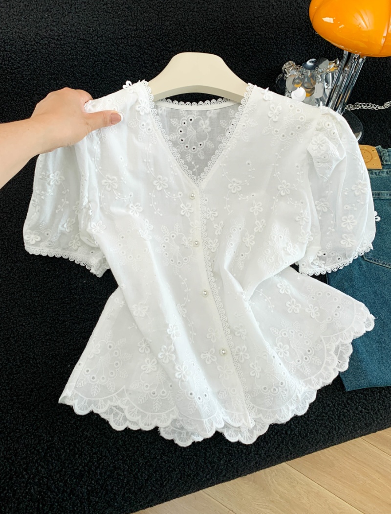 Short sleeve summer tops V-neck pure cotton shirt