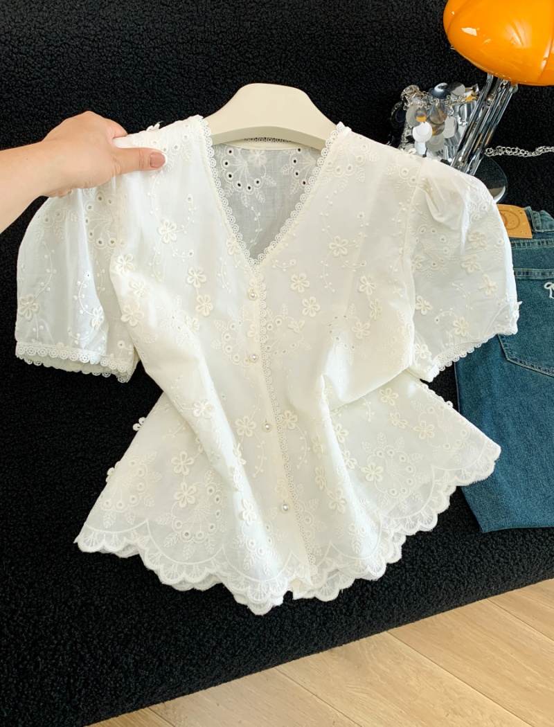 Short sleeve summer tops V-neck pure cotton shirt