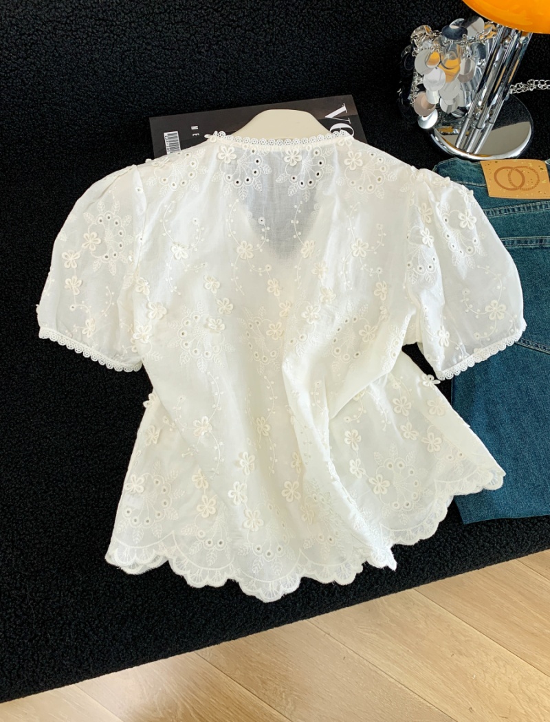 Short sleeve summer tops V-neck pure cotton shirt