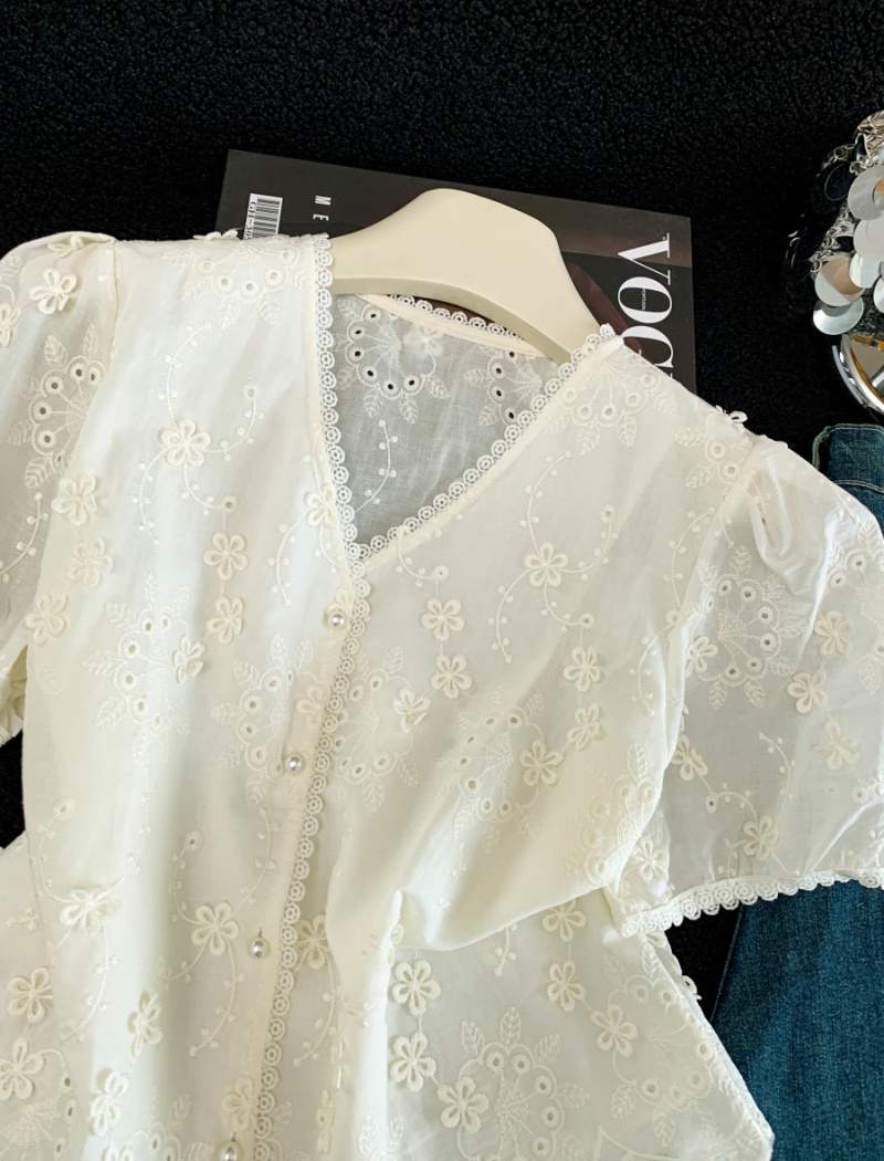 Short sleeve summer tops V-neck pure cotton shirt