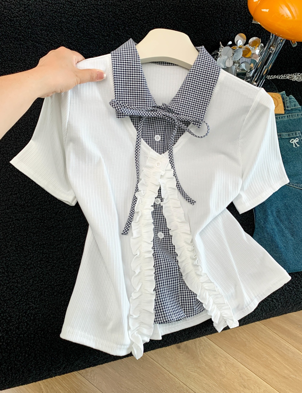 Pseudo-two Western style niche tops sweet splice T-shirt