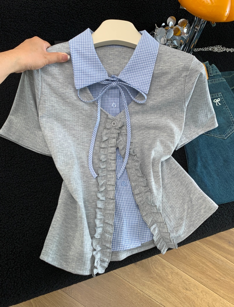 Pseudo-two Western style niche tops sweet splice T-shirt