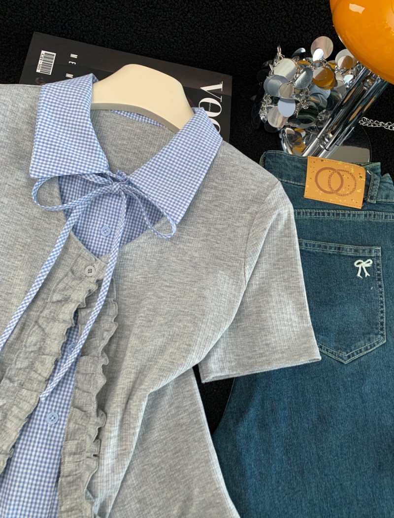 Pseudo-two Western style niche tops sweet splice T-shirt