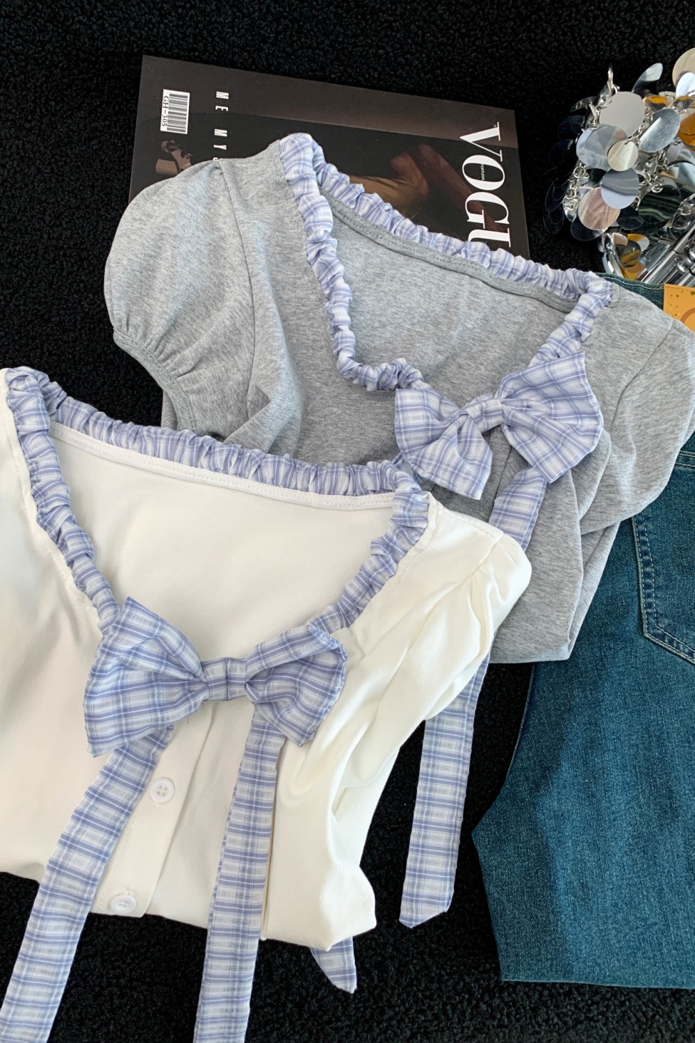 Big bow splice fashion niche mixed colors T-shirt for women