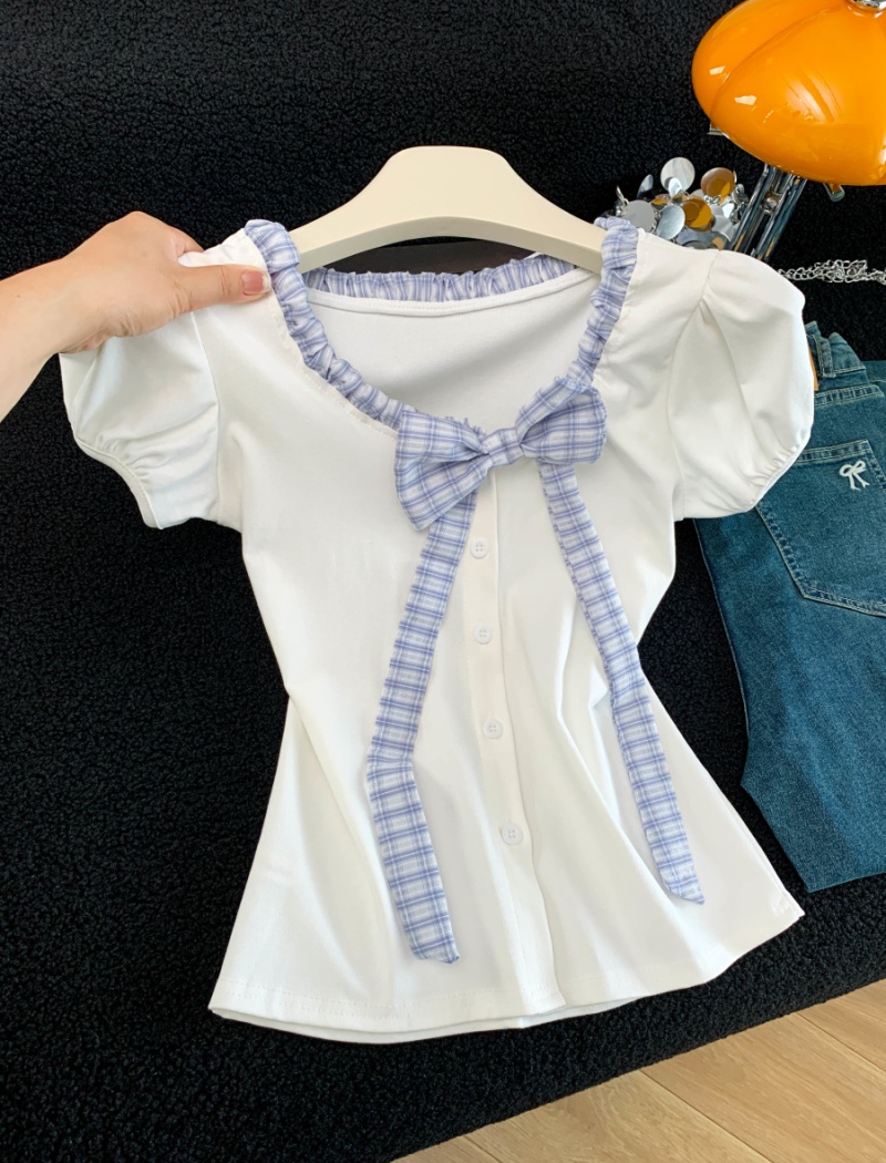 Big bow splice fashion niche mixed colors T-shirt for women