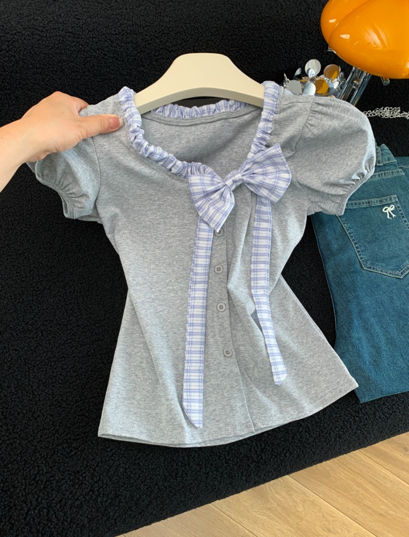 Big bow splice fashion niche mixed colors T-shirt for women