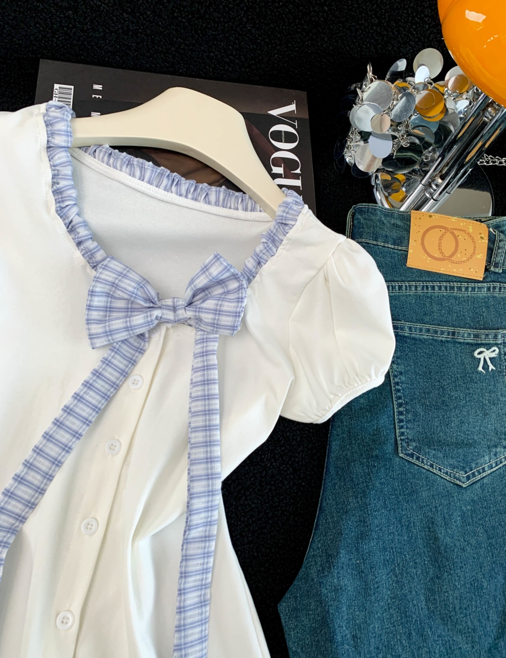 Big bow splice fashion niche mixed colors T-shirt for women