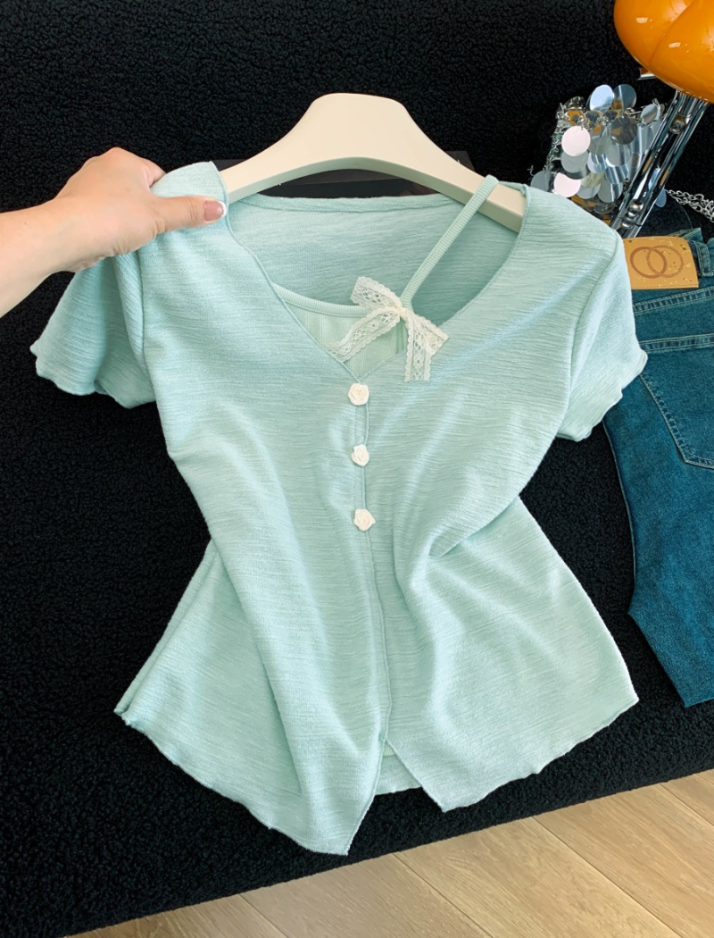 Western style sweet T-shirt all-match Pseudo-two tops