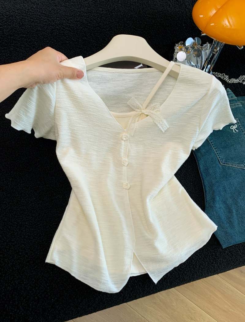 Western style sweet T-shirt all-match Pseudo-two tops