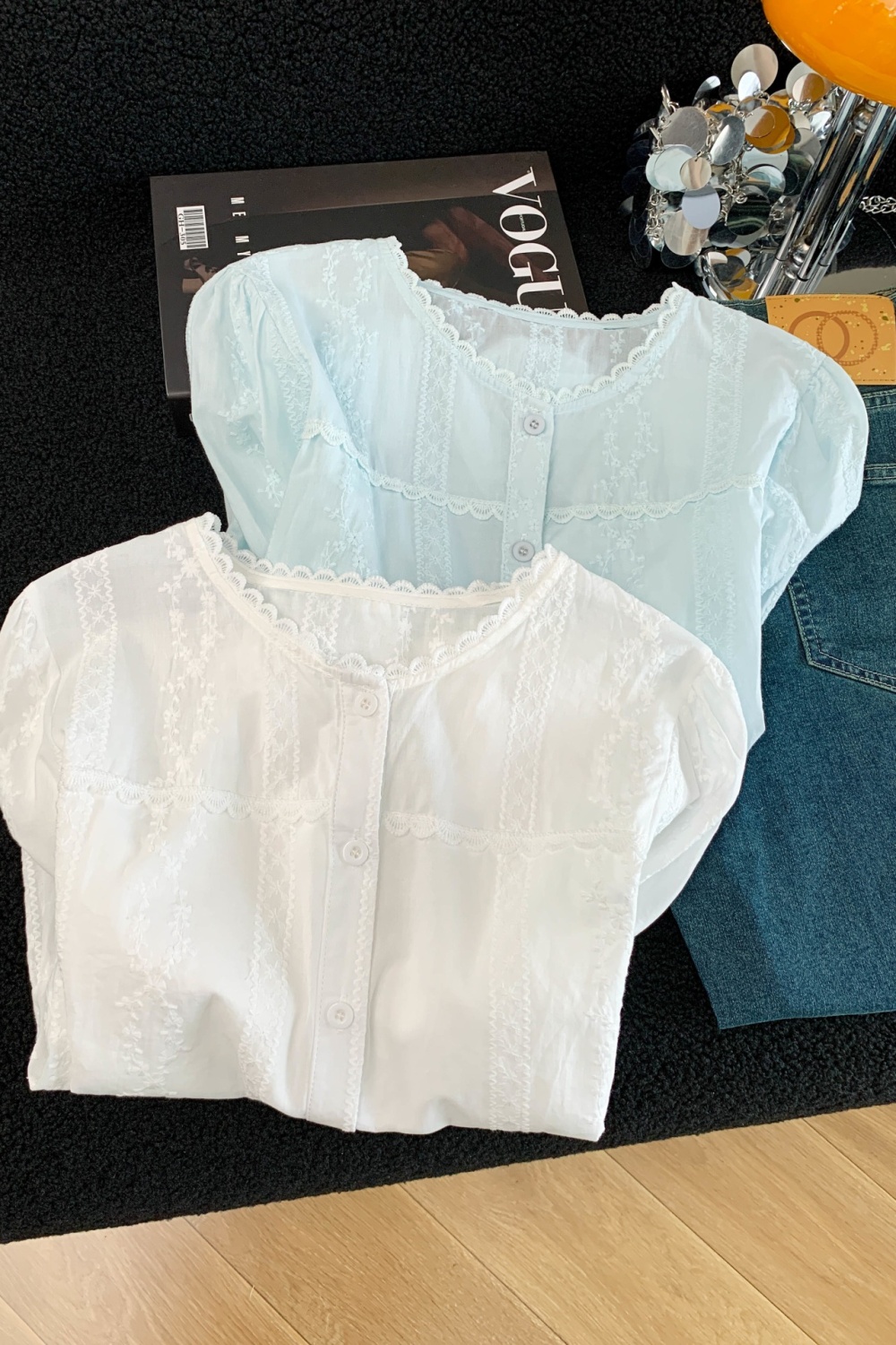 Lace splice pure cotton shirt white fashion tops for women