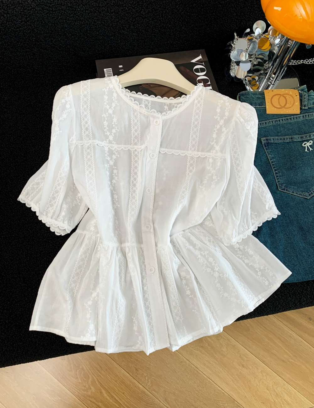 Lace splice pure cotton shirt white fashion tops for women