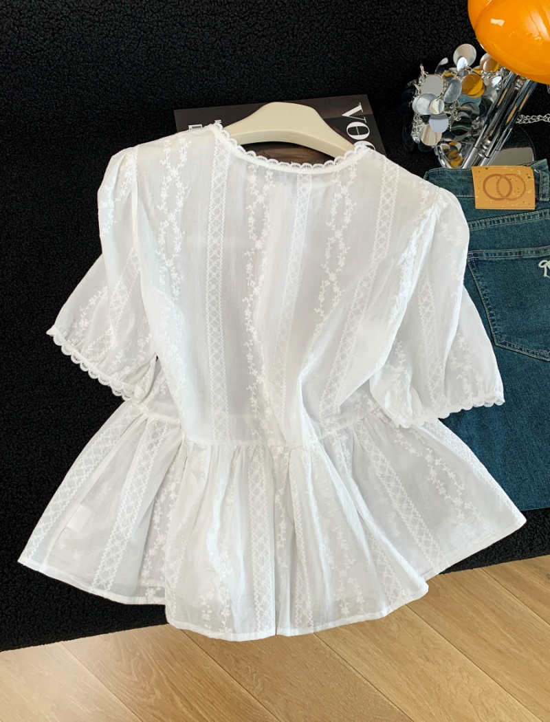 Lace splice pure cotton shirt white fashion tops for women