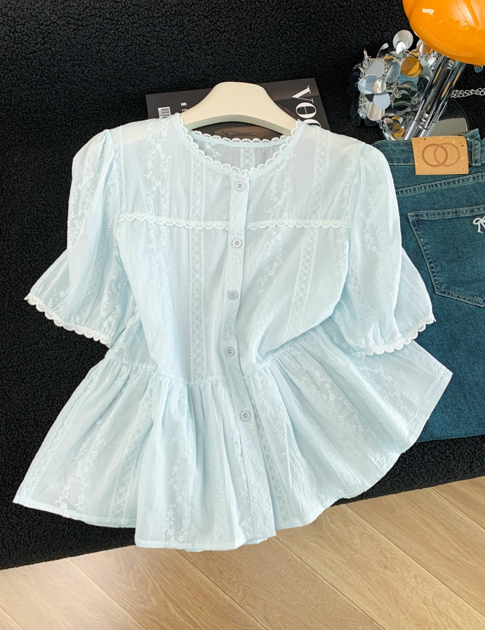 Lace splice pure cotton shirt white fashion tops for women