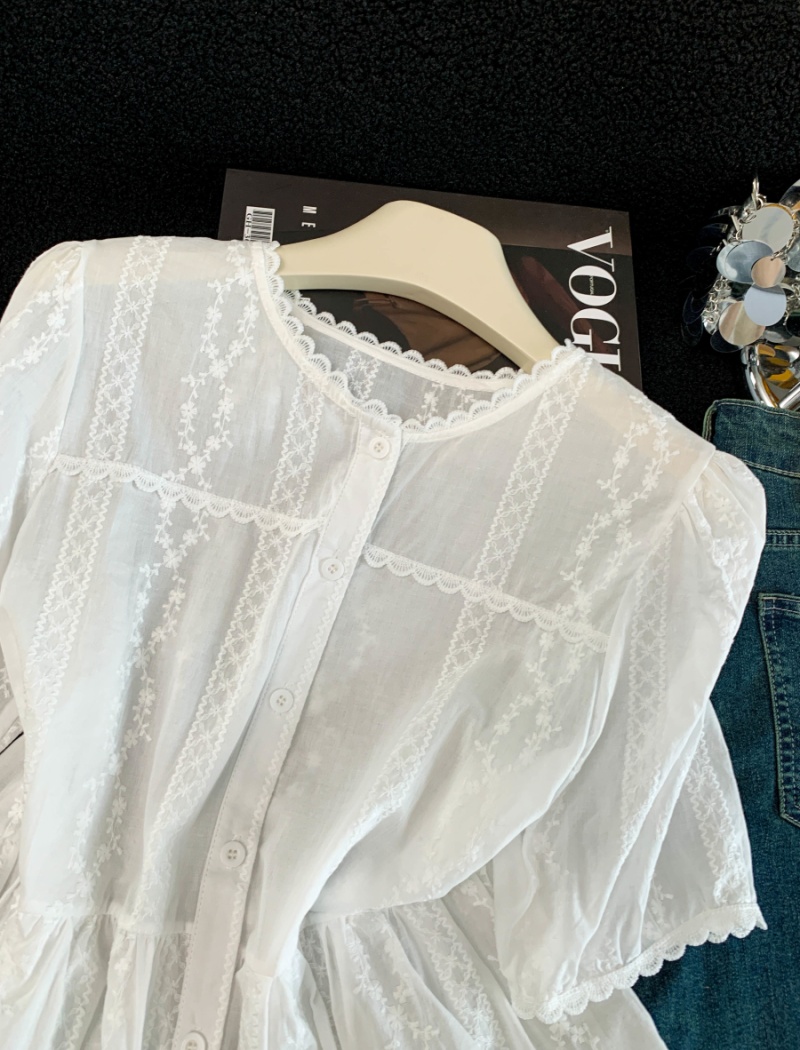 Lace splice pure cotton shirt white fashion tops for women