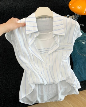 Loose Pseudo-two shirt stripe summer tops for women