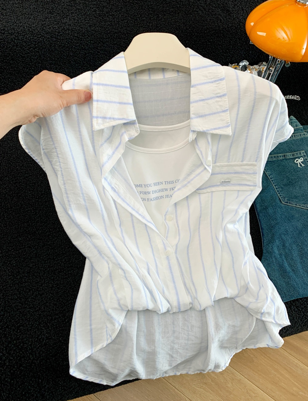Loose Pseudo-two shirt stripe summer tops for women