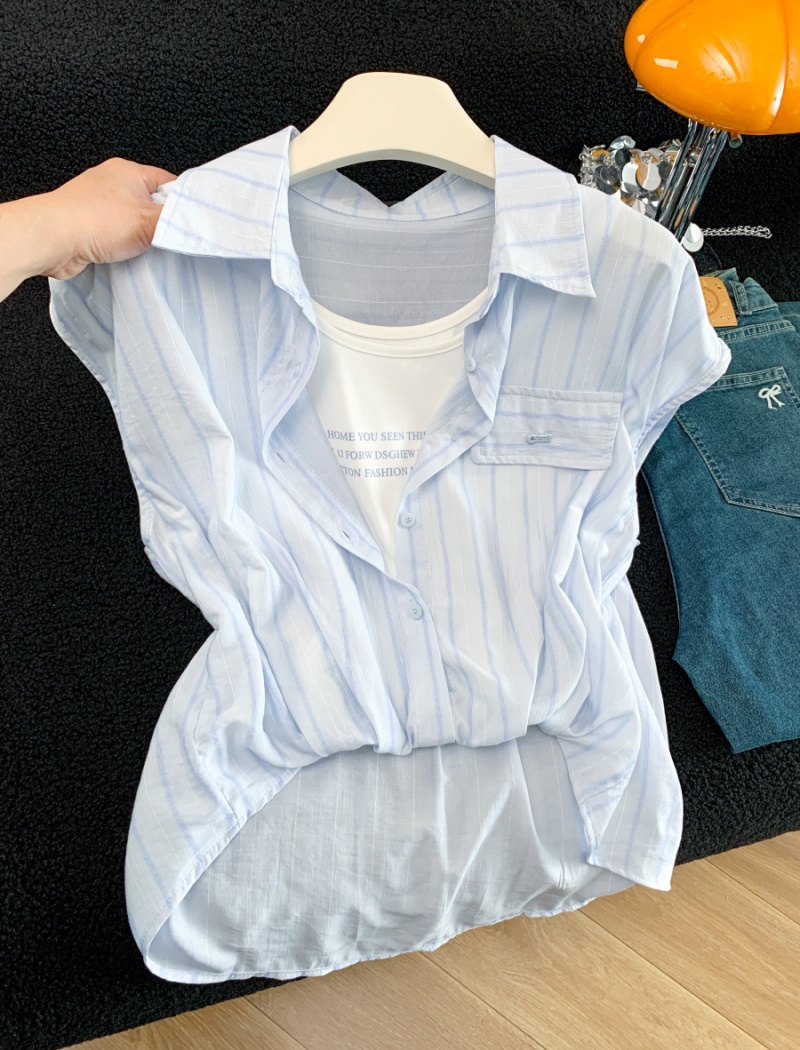 Loose Pseudo-two shirt stripe summer tops for women