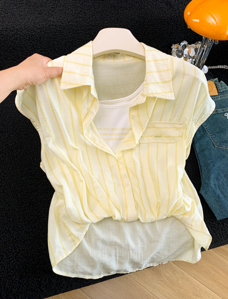 Loose Pseudo-two shirt stripe summer tops for women