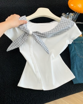 Bow lotus leaf collar tops short sleeve plaid T-shirt