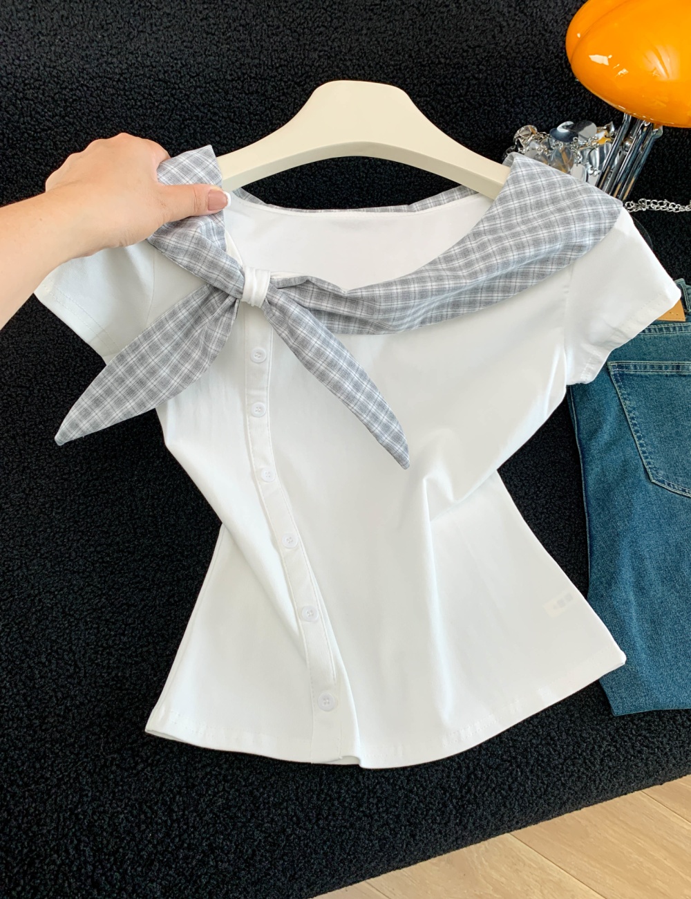 Bow lotus leaf collar tops short sleeve plaid T-shirt