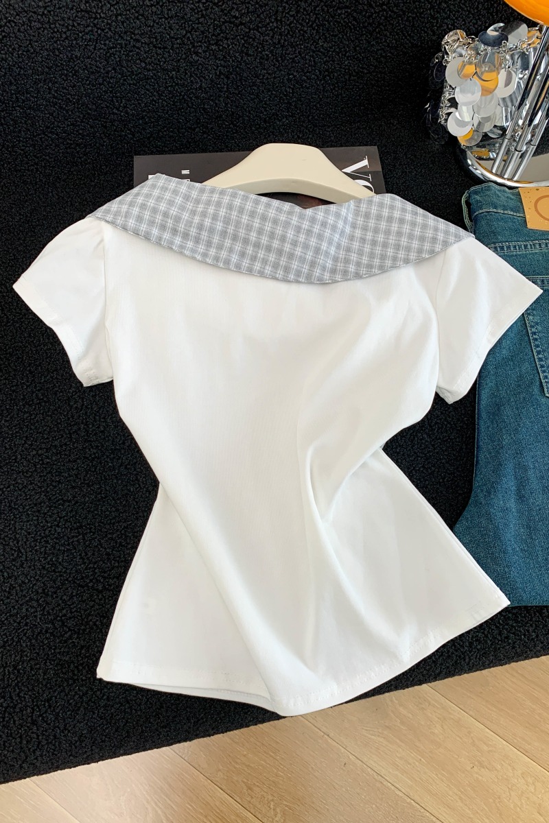Bow lotus leaf collar tops short sleeve plaid T-shirt