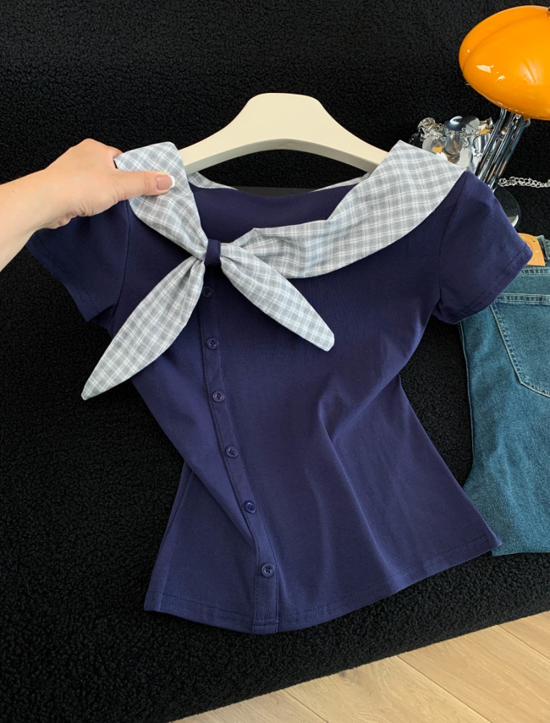 Bow lotus leaf collar tops short sleeve plaid T-shirt