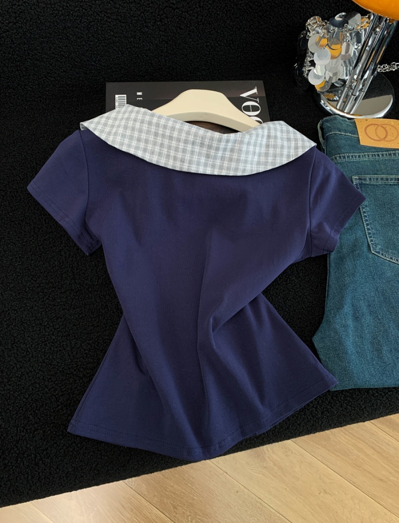 Bow lotus leaf collar tops short sleeve plaid T-shirt