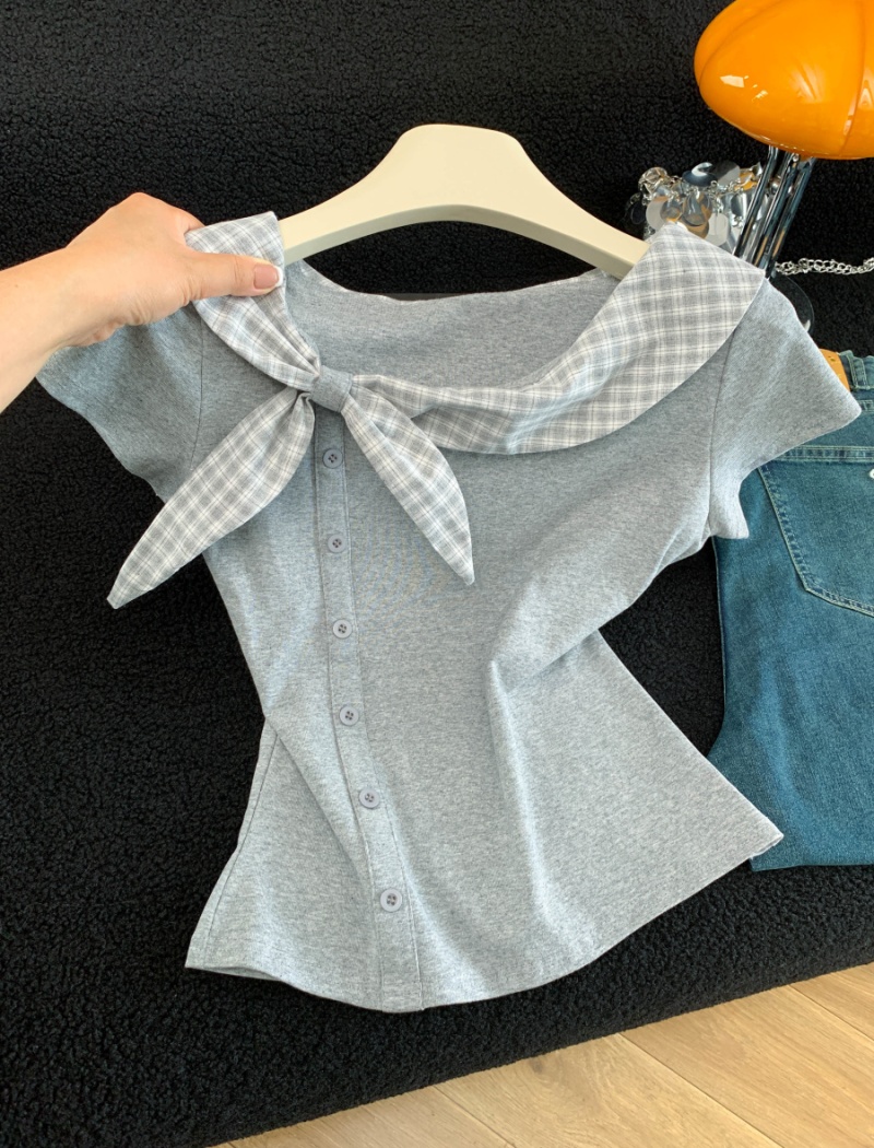 Bow lotus leaf collar tops short sleeve plaid T-shirt