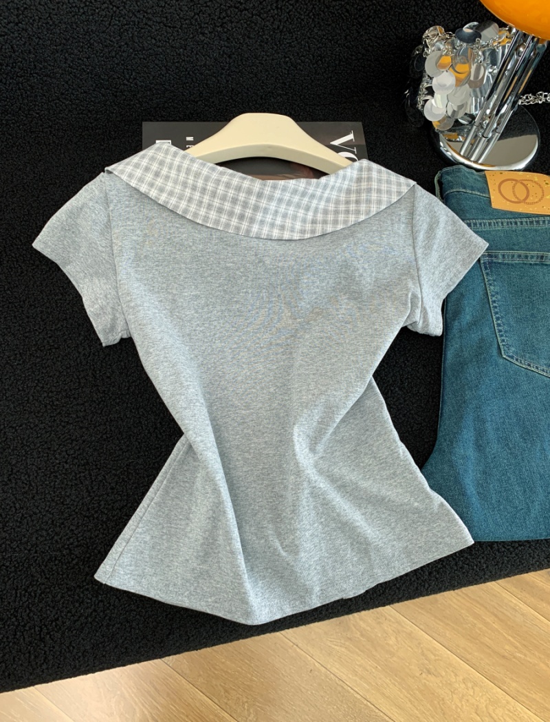 Bow lotus leaf collar tops short sleeve plaid T-shirt