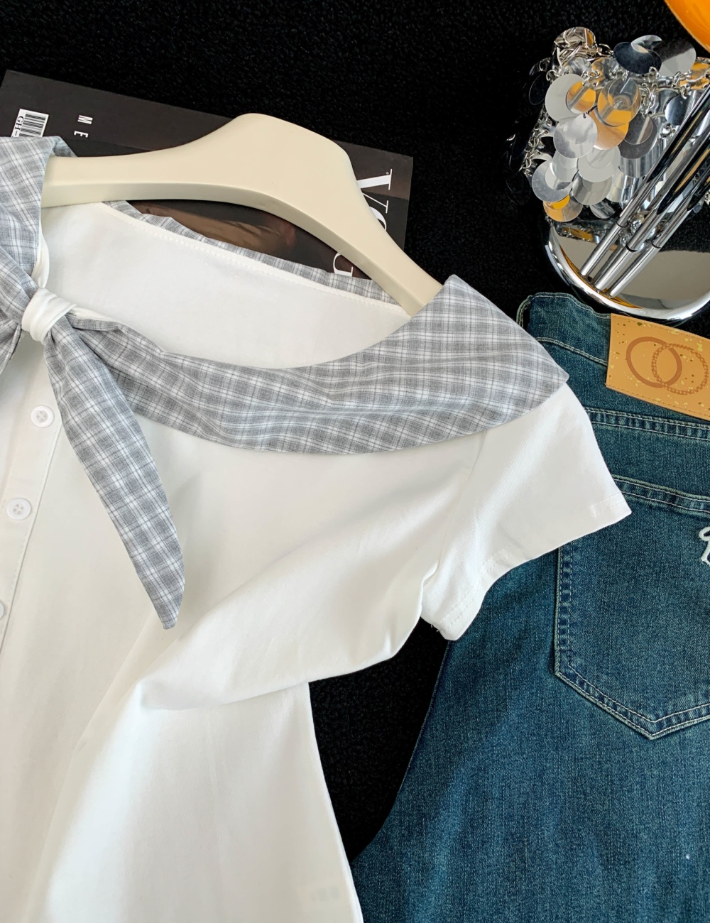 Bow lotus leaf collar tops short sleeve plaid T-shirt