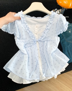 Pseudo-two splice shirt printing tops for women