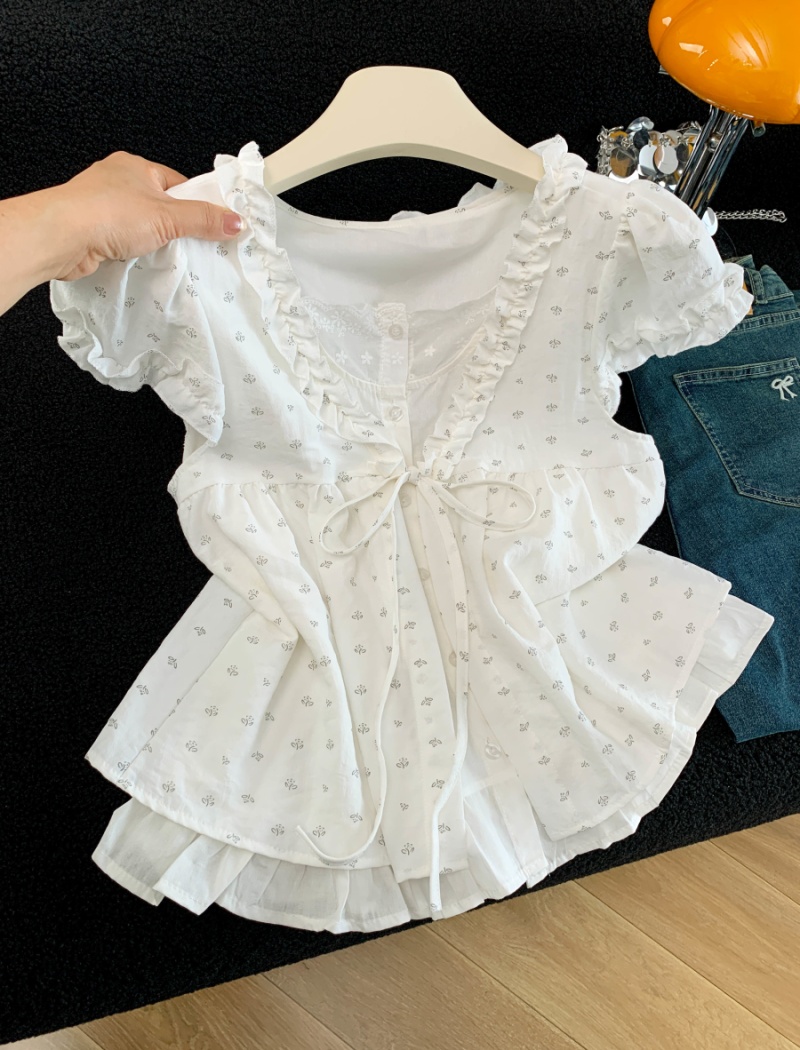 Pseudo-two splice shirt printing tops for women