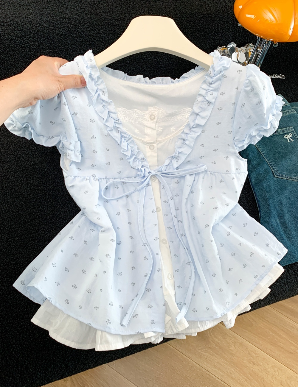 Pseudo-two splice shirt printing tops for women