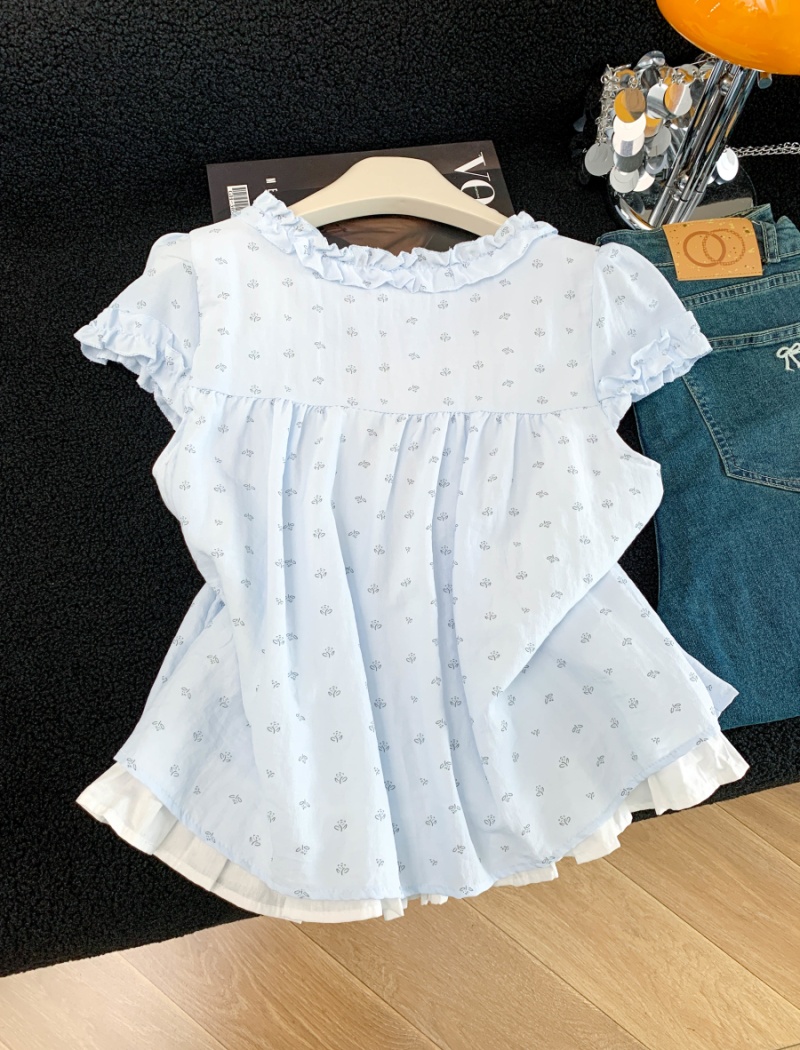 Pseudo-two splice shirt printing tops for women