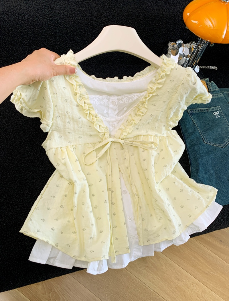 Pseudo-two splice shirt printing tops for women